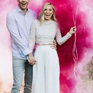 White lace crop top and flowy pants